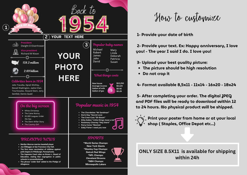 Pink Model 1954 Birthday Poster 70 year