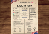 Newspaper 1954 Birthday Poster 70 year NOT Customize