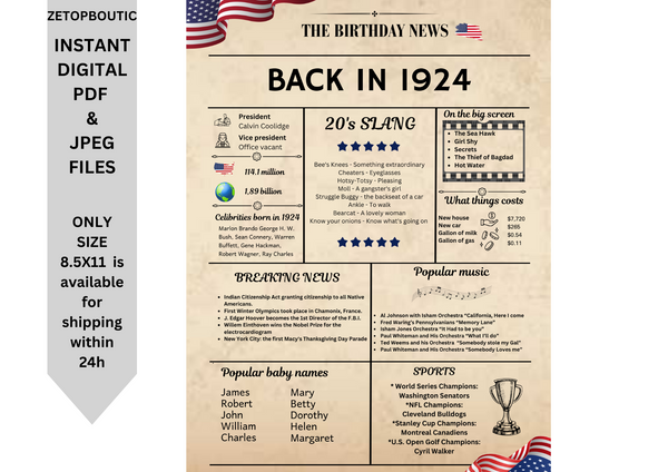 Newspaper 1924 Birthday Poster 100 year NOT Customize