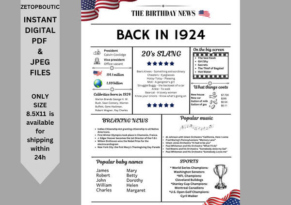 White Newspaper 1924 Birthday Poster 100 year NOT Customize