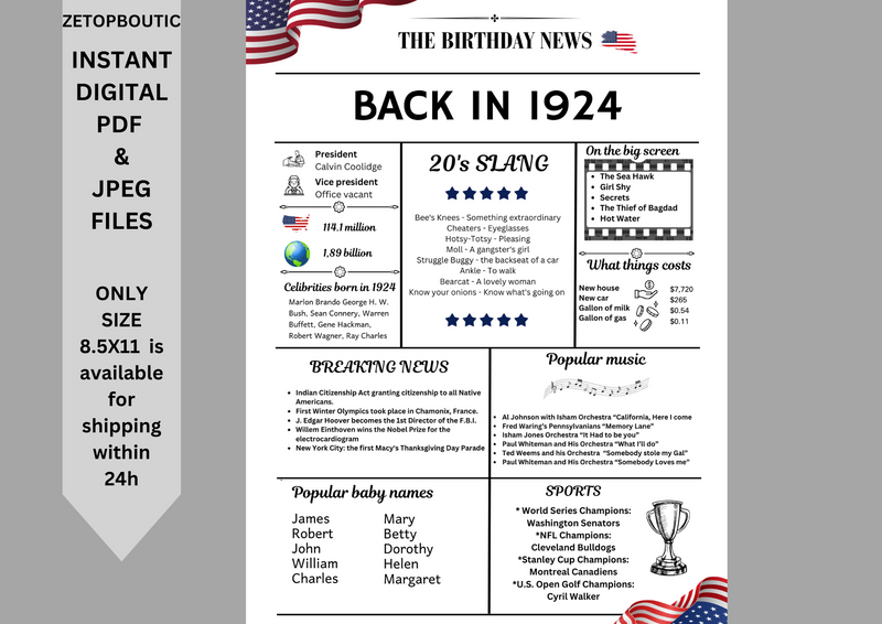 White Newspaper 1924 Birthday Poster 100 year NOT Customize