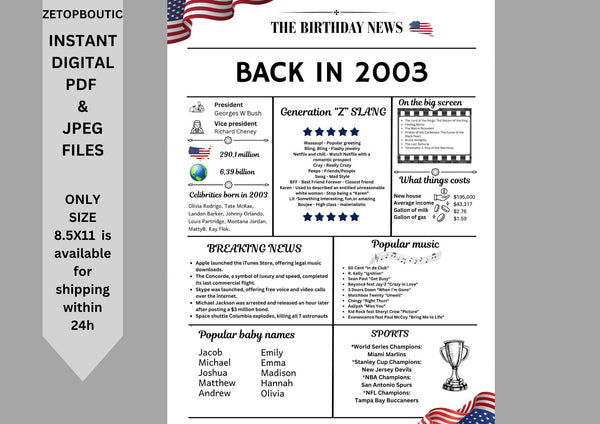 White Newspaper 2003 Birthday Poster 21 year NOT Customize