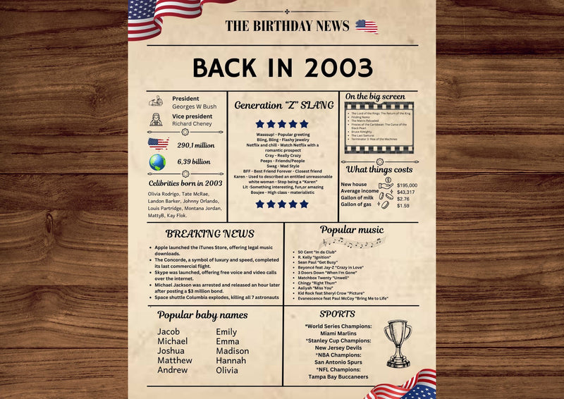 Newspaper 2003 Birthday Poster 21 year NOT Customize