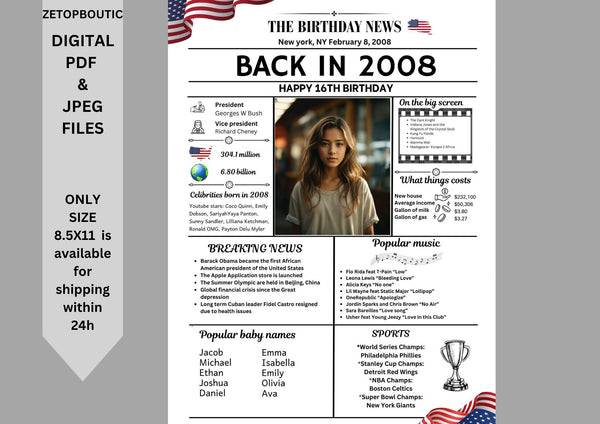 White Newspaper Model 2008 Birthday Poster 16 year