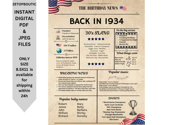 Newspaper 1934 Birthday Poster 90 year NOT Customize