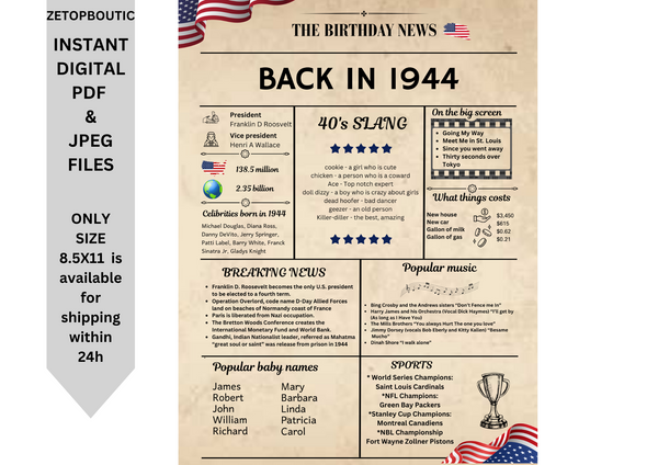 Newspaper 1944 Birthday Poster 80 year NOT Customize