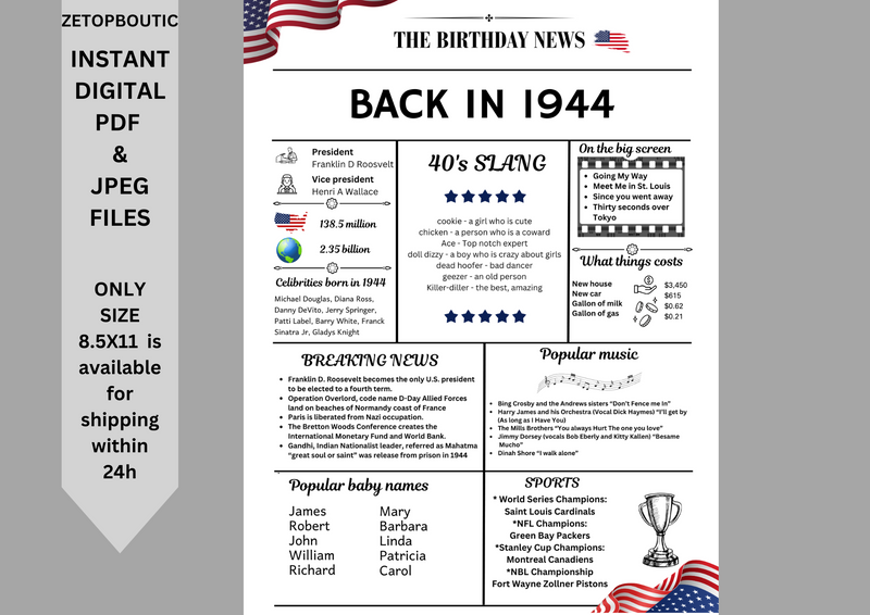 White Newspaper 1944 Birthday Poster 80 year NOT Customize