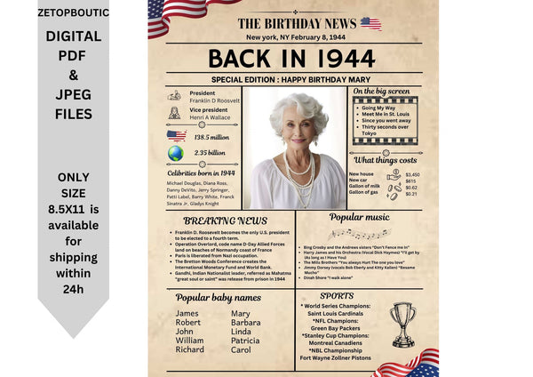 Newspaper Model 1944 Birthday Poster 80 year