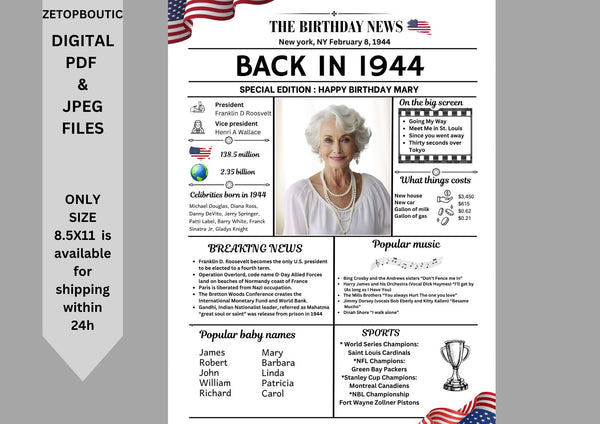 White Newspaper Model 1944 Birthday Poster 80 year