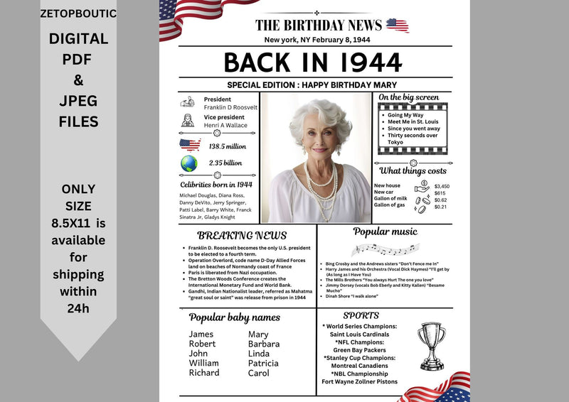 White Newspaper Model 1944 Birthday Poster 80 year