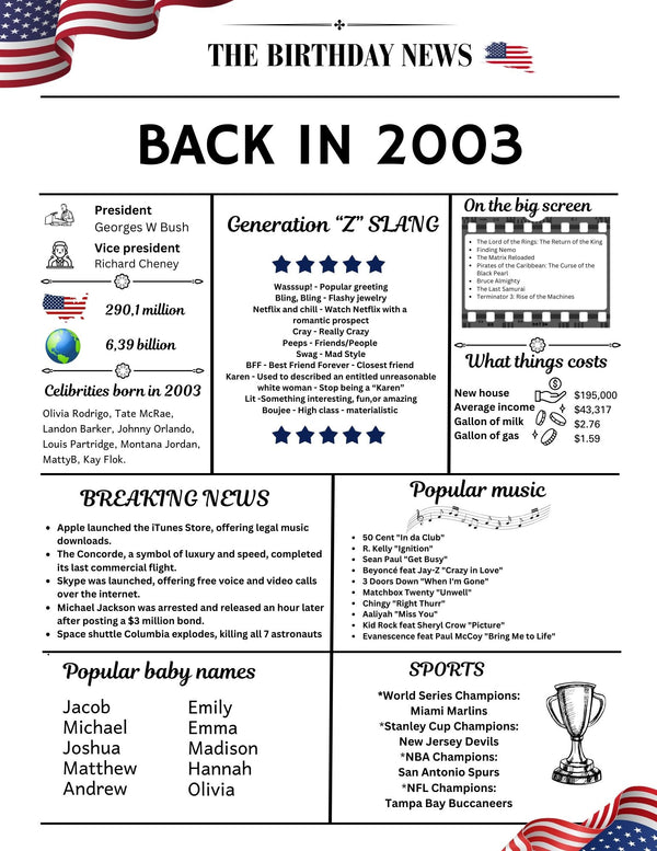 White Newspaper 2003 Birthday Poster 21 year NOT Customize