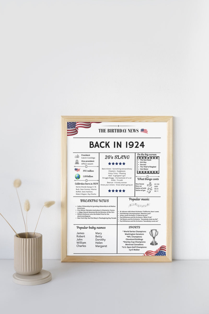 White Newspaper 1924 Birthday Poster 100 year NOT Customize